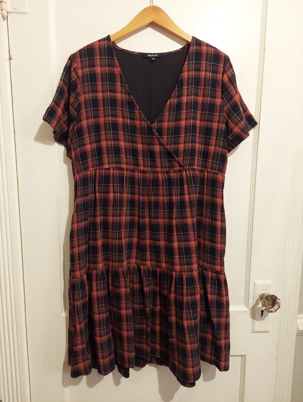 Madewell Plaid Faux-Wrap Mini Dress Womens Medium Short-Sleeve Tiered 100%Cotton